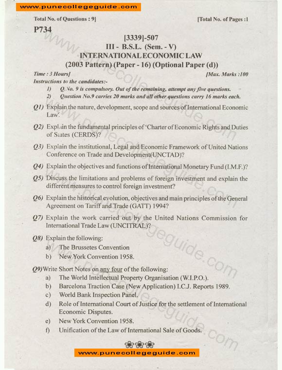 International Economic Law question paper, privious year paper