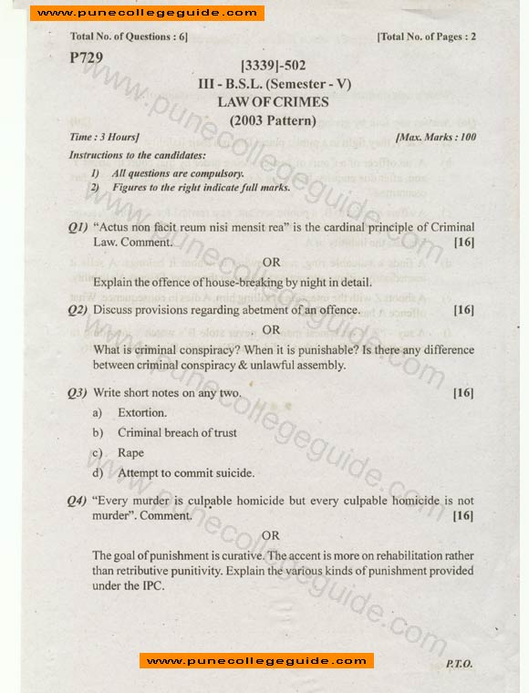 Law of Crimes question paper 2008 march