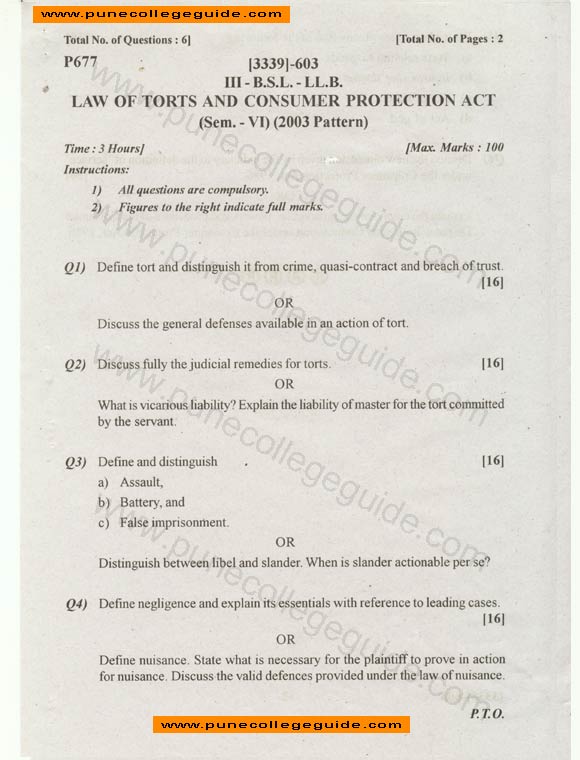 Law of Torts and Consumer Protection Act BSL III Question papers, paper set